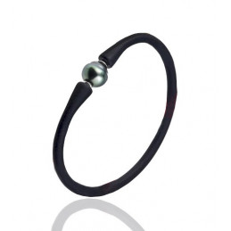 Bracelet silicone noir et perle de Tahiti cerclée 10 mm
