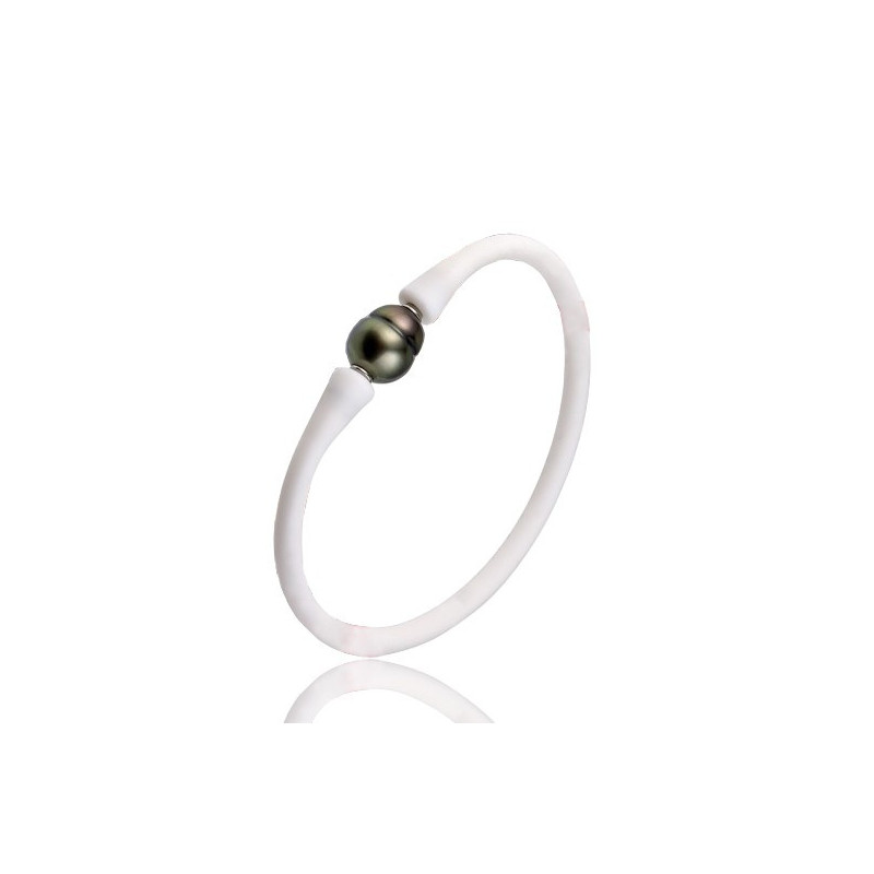 Bracelet silicone blanc et perle de Tahiti cerclée 10 mm