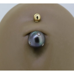 piercing nombril or jaune 18 carats, perle de Tahiti et diamant 0,03 carat