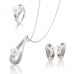 Boucles d'oreilles argent et perle + bague argent et perle et pendentif argent et perle Breuning