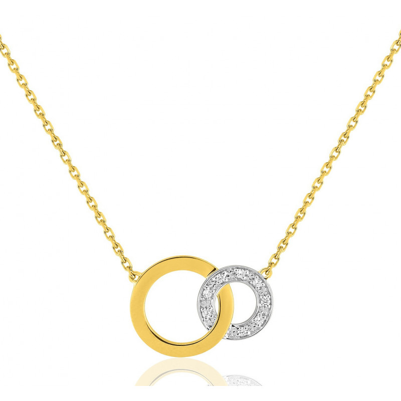 Chaine or jaune 18 carats et pendentif deux ors diamant 0,032 carat "double cercles"