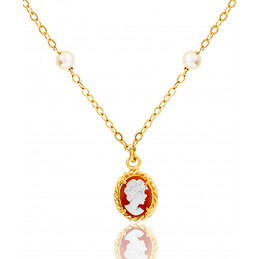 Collier en or 18 carats "Belle Epoque", perles et camée 42 cm