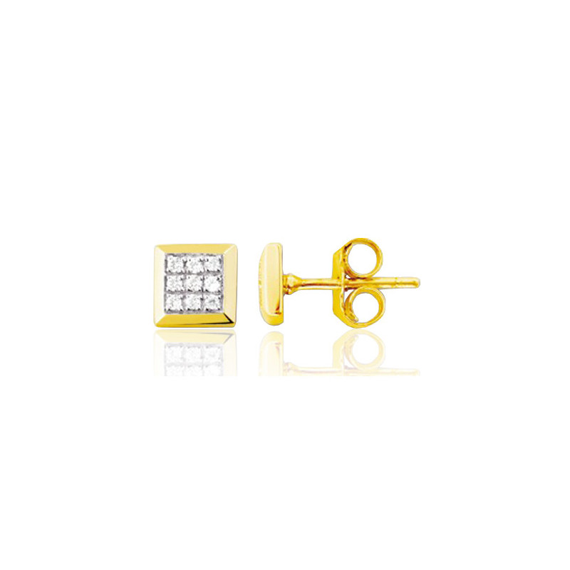 Boucle d'oreille or jaune 18 carats carrée et diamants 0,08 carat