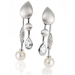 Boucles d'oreilles or blanc 18 carats, topaze perles de Chine et diamant 0,12 carat