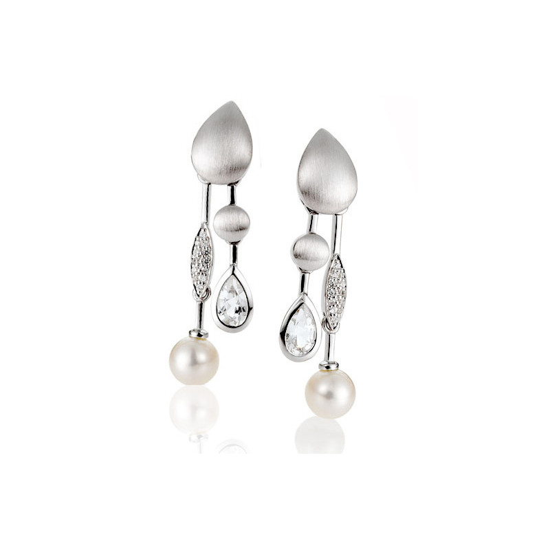 Boucles d'oreilles or blanc 18 carats, topaze perles de Chine et diamant 0,12 carat