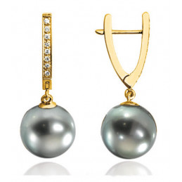 Boucles d'oreilles or jaune18 carats, diamants 0,12 carat et perles de Tahiti 8/9 mm