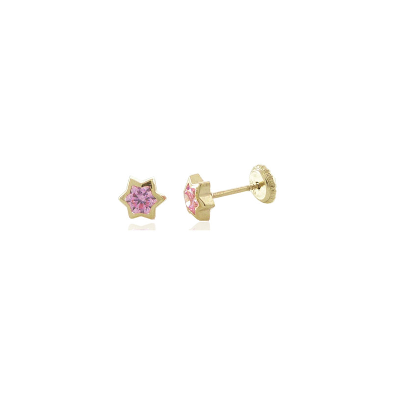 boucles d'oreilles or jaune 18 carats "etoile" et zirconium rose