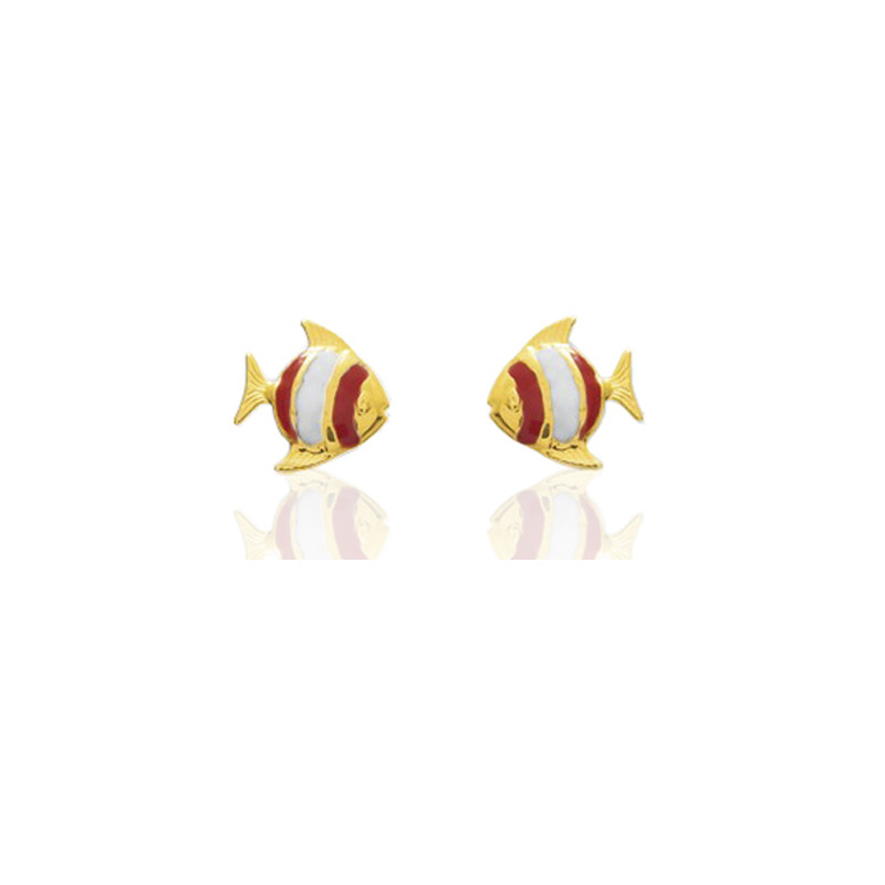 Boucles d'oreilles fille or jaune 18 carats laqué "poissons"