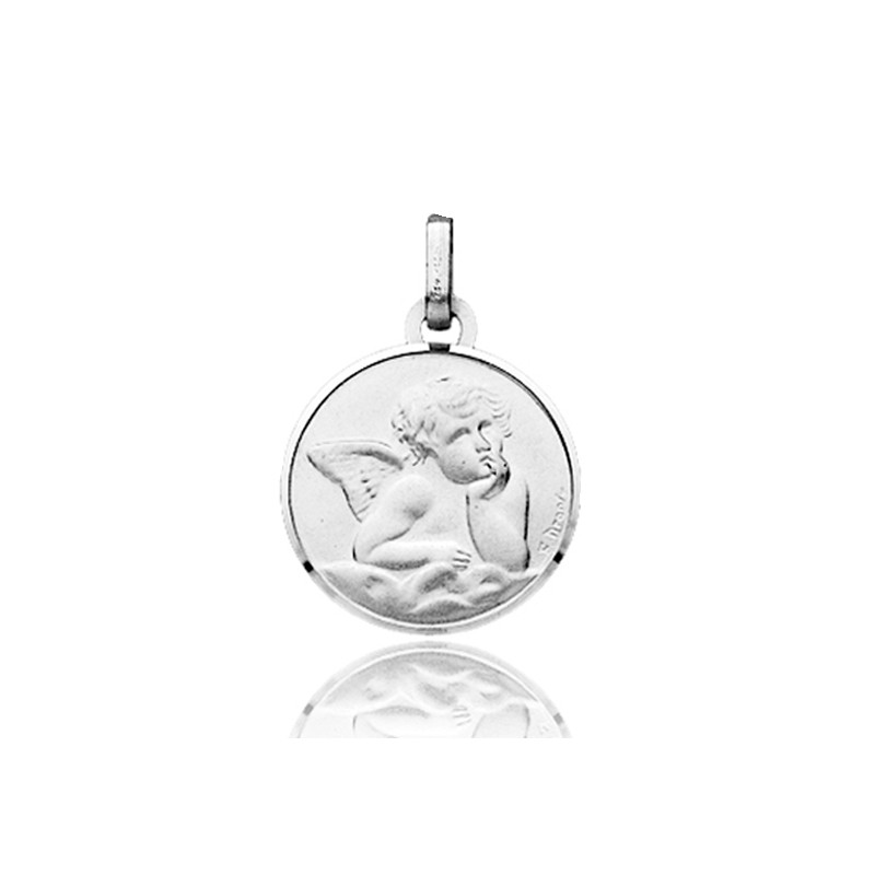 Médaille ange or blanc 18 carats ronde 22 mm