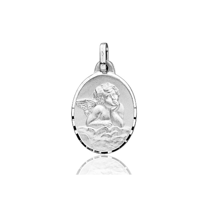 Médaille ange or blanc 18 carats ovale 23 mm
