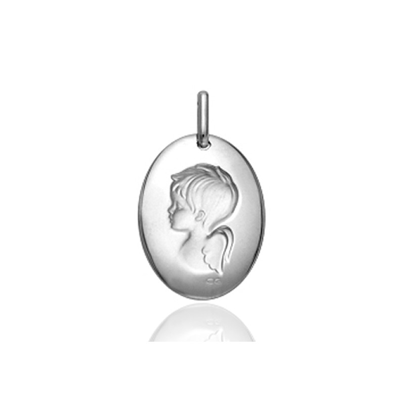 Médaille or blanc 18 carats ovale "ange"