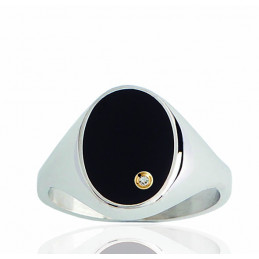 Chevaliere homme argent massif et onyx et diamant 0,02 carat