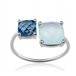 Bague or blanc 18 carats, topaze blue London et calcédoine