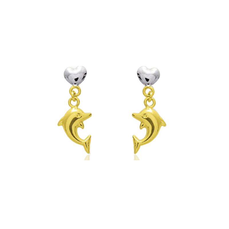 Pendants d'oreilles deux ors 18 carats "dauphins"