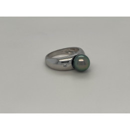 Bague argent, perle de Tahiti 9/10 mm et zirconiums