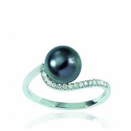 Bague argent, zirconiums et perle de Tahiti 8/9 mm