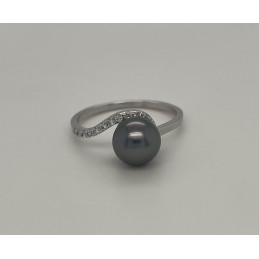 Bague argent, zirconiums et perle de Tahiti 8/9 mm