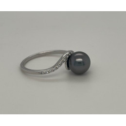 Bague argent, zirconiums et perle de Tahiti 8/9 mm