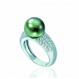 Bague argent, zirconiums et perle de Tahiti 8/9 mm