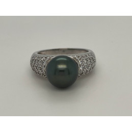 Bague argent, zirconiums et perle de Tahiti 8/9 mm