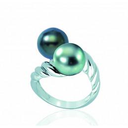 Bague argent et perle de Tahiti "Toi & Moi" torsadé 9/10 mm