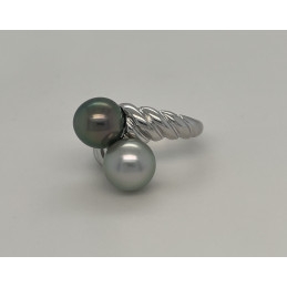 Bague argent et perle de Tahiti "Toi & Moi" torsadé 9/10 mm