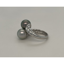 Bague argent et perle de Tahiti "Toi & Moi" torsadé 9/10 mm