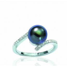 Bague argent, zirconiums et perle de Tahiti 8/9 mm