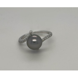 Bague argent, zirconiums et perle de Tahiti 8/9 mm