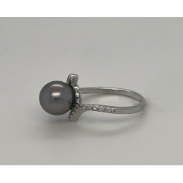 Bague argent, zirconiums et perle de Tahiti 8/9 mm