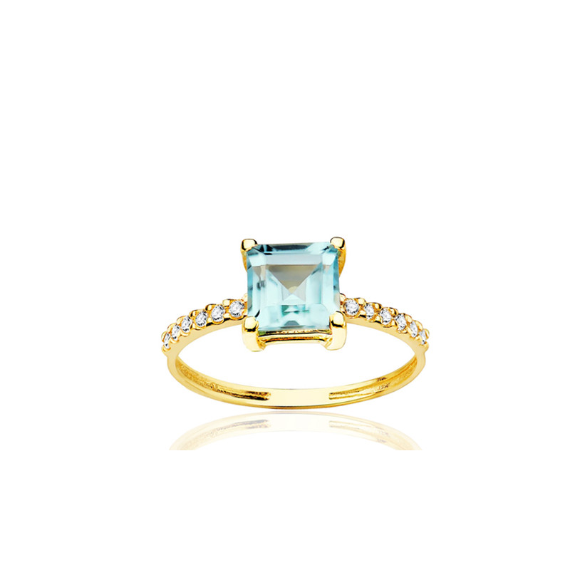 Bague or jaune 18 carats, zirconiums et topaze 6 x 6 mm