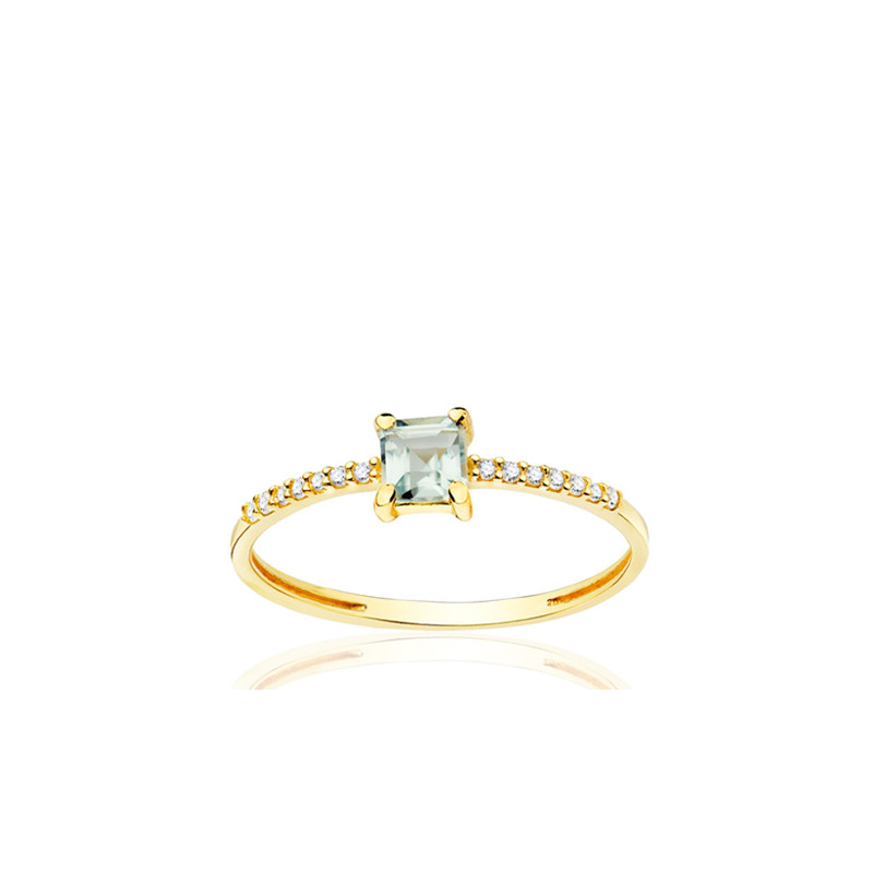 Bague or 18 carats, diamants 0,070 carat et aigue-marine