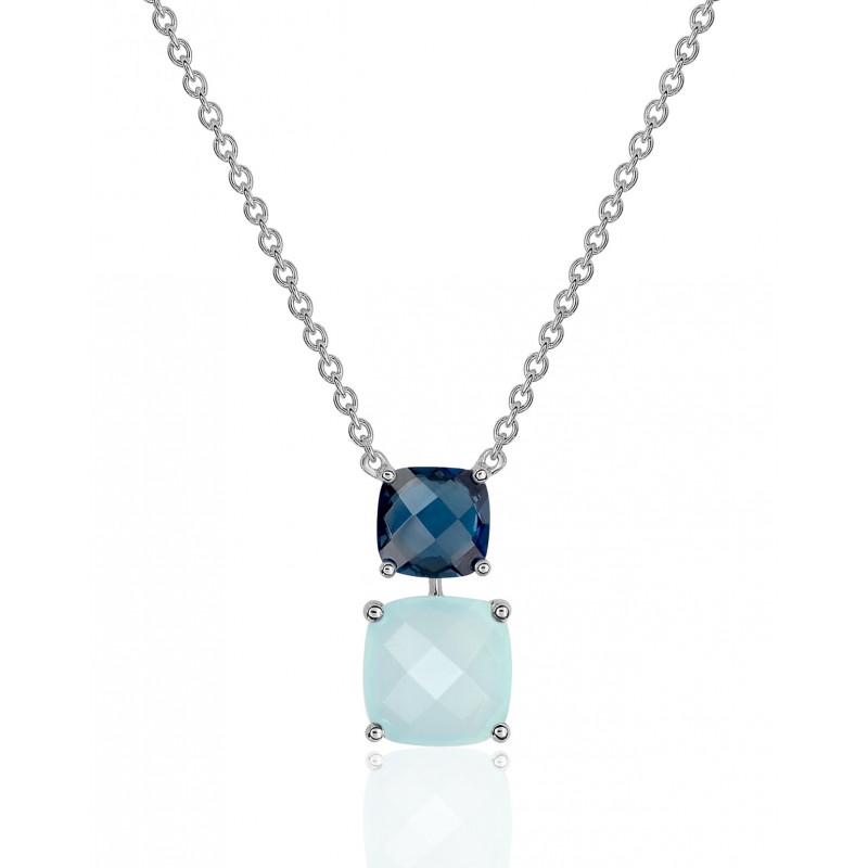 Chaine or blanc 18 carats, topaze "Blue London" et calcédoine verte