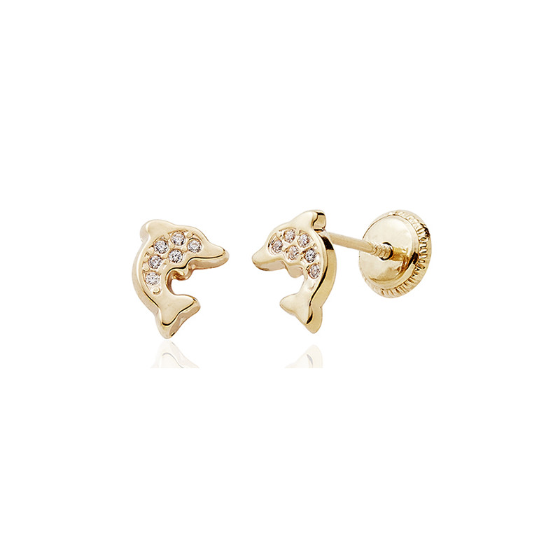 Boucles d'oreilles or  18 carats et zirconiums "dauphins" pour enfants