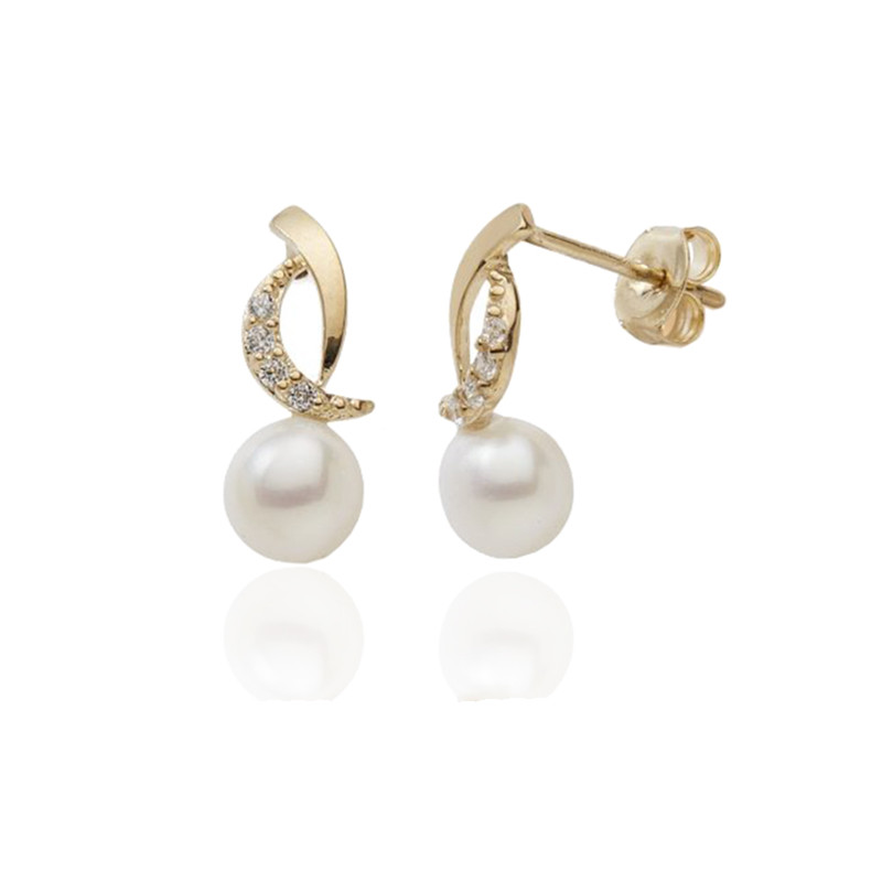 Boucles d'oreilles perles de culture 5 mm, zirconiums et or 18 carats