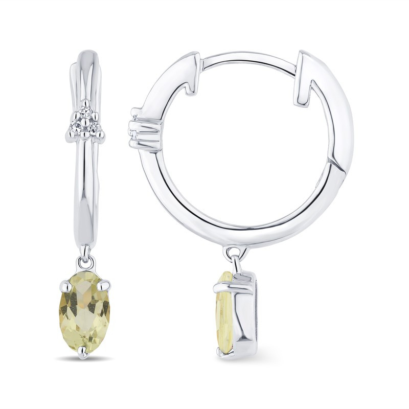 Créoles or gris 18 carats, quartz "lemon" et diamant 0,020 carat