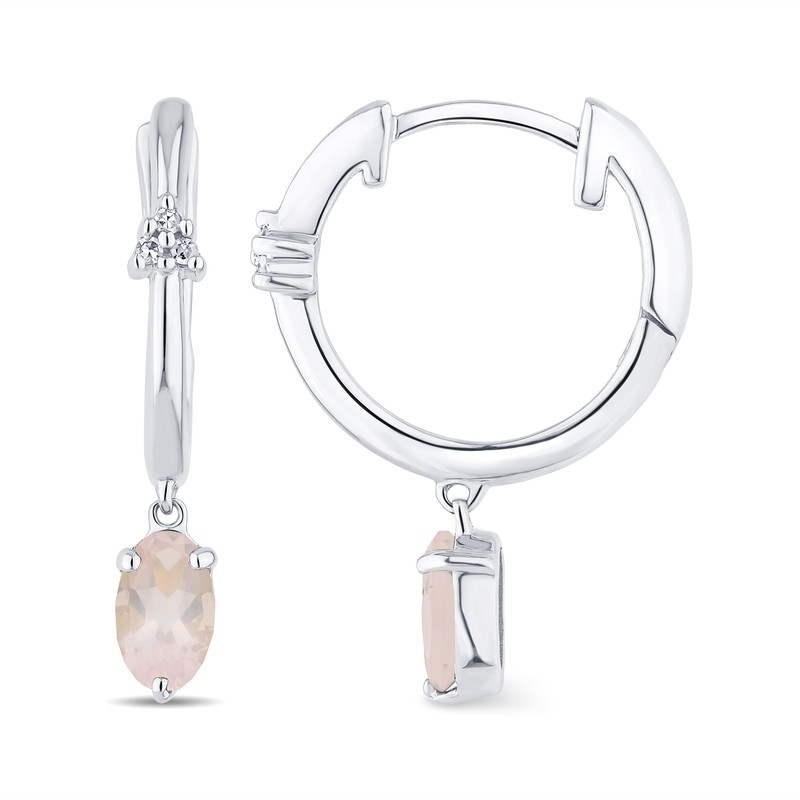 Créoles or blanc 18 carats, quartz "rose" et diamant 0,020 carat