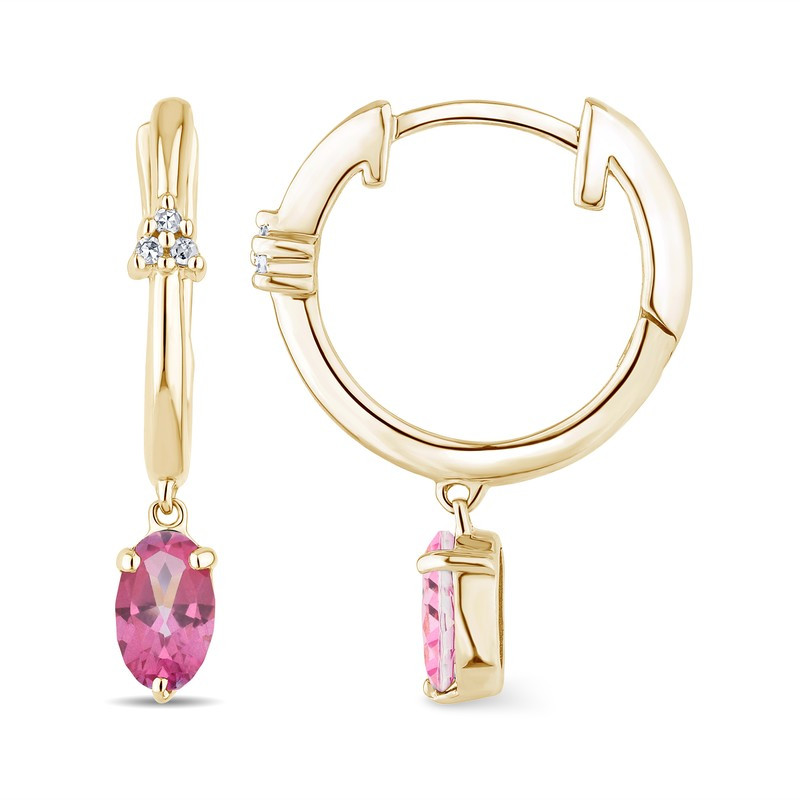 Créoles or jaune 18 carats, topaze rose et diamant 0,020 carat