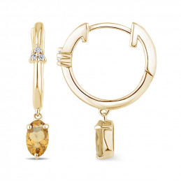Créoles or jaune 18 carats, quartz "champagne" et diamant 0,020 carat