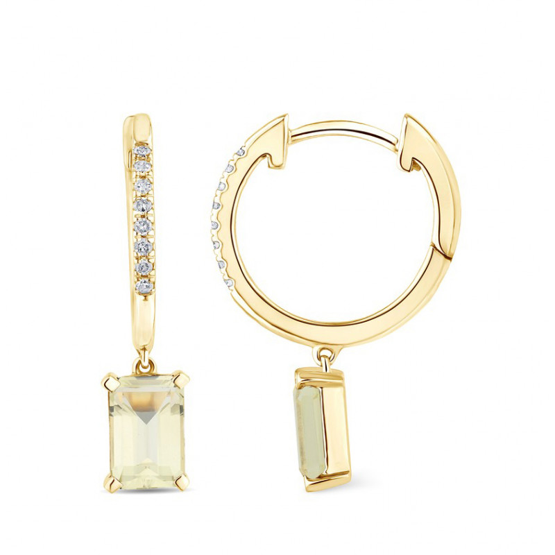 Créoles or 18 carats, quartz "lemon" et diamant 0,060 carat