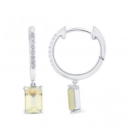 Créoles or blanc 18 carats, quartz "lemon" et diamant 0,060 carat
