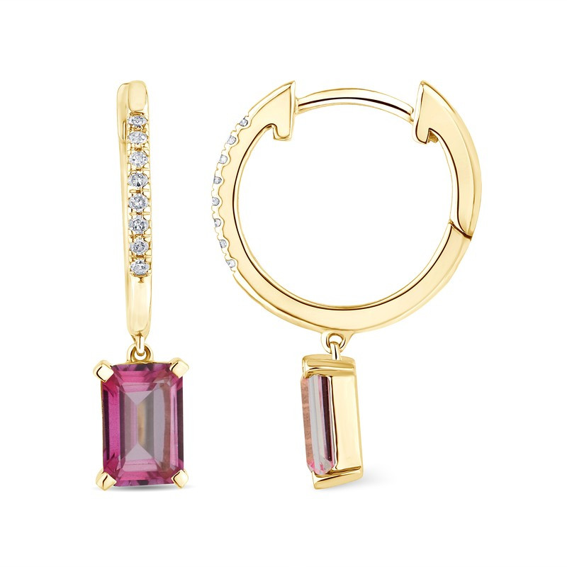 Créoles or jaune 18 carats, topaze rose et diamant 0,060 carat