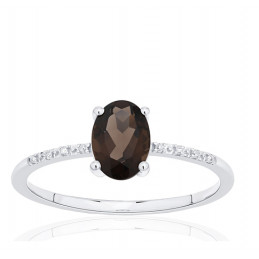 Bague or 18 carats, quartz fumé et diamant 0,010 carat
