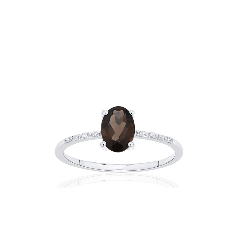 Bague or 18 carats, quartz fumé et diamant 0,010 carat