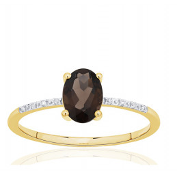 Bague or jaune 18 carats, quartz fumé et diamant 0,010 carat