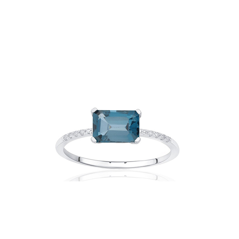 Bague or gris 18 carats, topaze blue London et diamant 0,010 carat