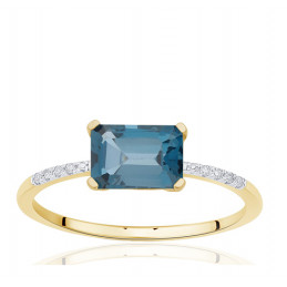 Bague or jaune 18 carats, topaze blue London et diamant 0,010 carat