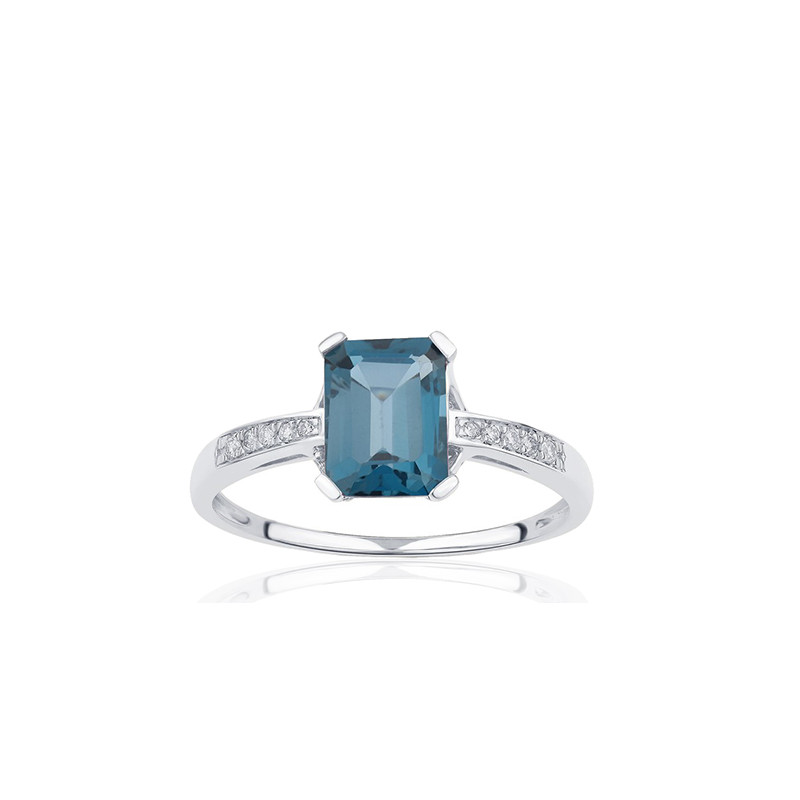 Bague or blanc 18 carats, topaze blue London et diamant 0,060 carat