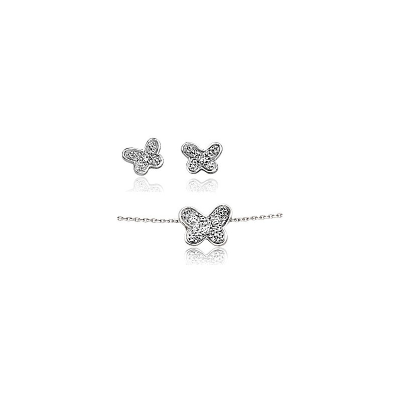 Chaine femme or blanc et pendentif diamant "papillon" et boucles d'oreilles or et diamant