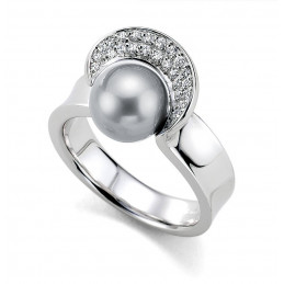 Bague Breuning or blanc 18 carats, perle de culture de Chine et diamants 0,15 carat